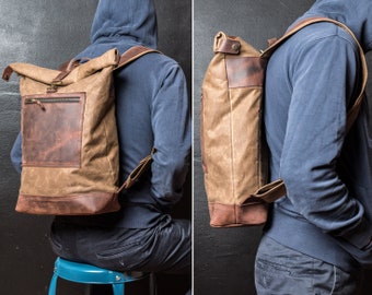 Roll Top Backpack Waxed, Bag for Hipsters, Hipster Backpack with Rolltop, Handmade by Real Artisans