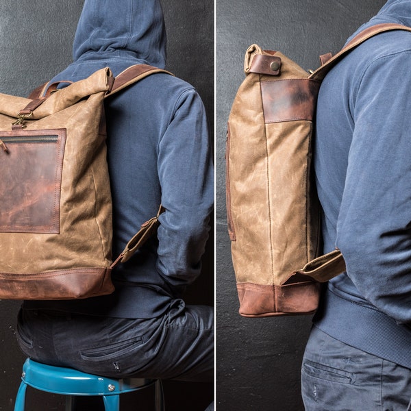 Roll Top Backpack Waxed, Bag for Hipsters, Hipster Backpack with Rolltop, Handmade by Real Artisans