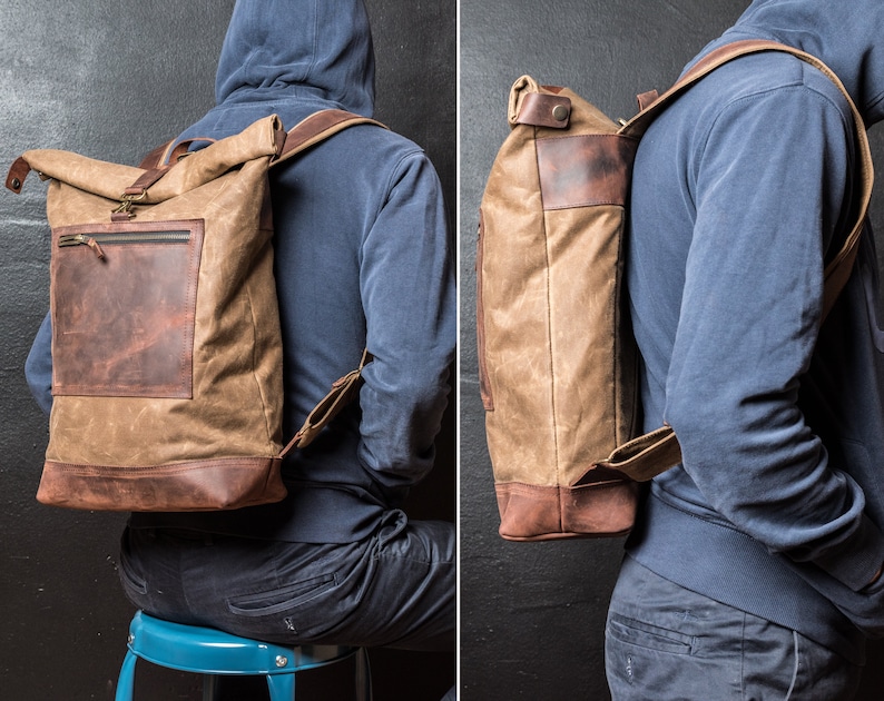 Roll Top Backpack Waxed, Bag for Hipsters, Hipster Backpack with Rolltop, Handmade by Real Artisans image 1