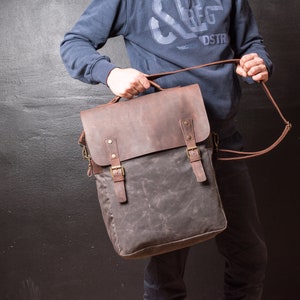 Waxed Canvas Backpack, Leather and Travel Bag, Weatherproof Backpack, Handmade by Real Artisans image 3