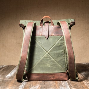 Rolltop Backpack of Waxed Canvas with Front Leather Zipped Pocket, Roll Top Rucksack, Slim Backpack image 5