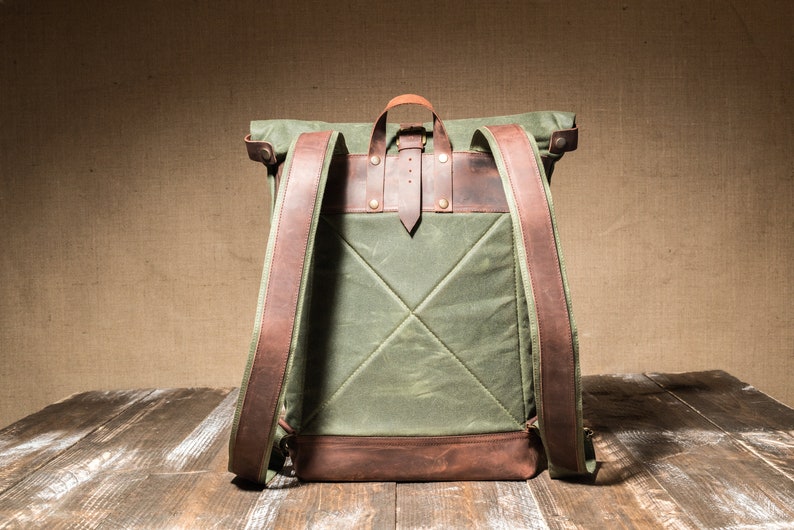 Rolltop Backpack of Waxed Canvas with Front Leather Zipped Pocket, Roll Top Rucksack, Slim Backpack image 5