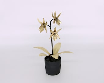 Orchid #12 Brass With Hand Thrown Ceramic Base, Brass Metal Orchid Flower