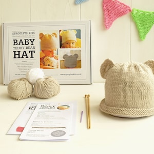 Beginner Baby  Merino Teddy Hat Knitting Kit / Easy baby knitting / Teddy hat knitting /  Baby Hat with ears / Baby Hat Knitting Kit