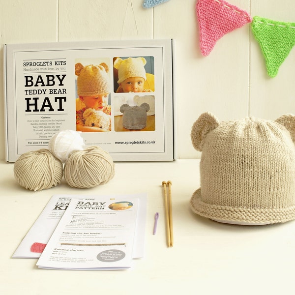 Beginner Baby  Merino Teddy Hat Knitting Kit / Easy baby knitting / Teddy hat knitting /  Baby Hat with ears / Baby Hat Knitting Kit