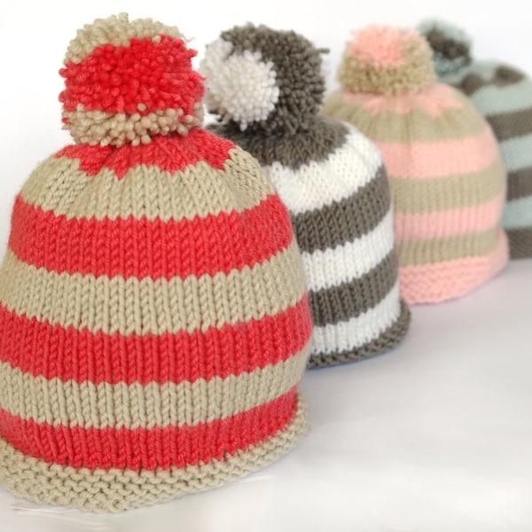 Easy baby hat knitting pattern / Baby bobble hat / Pompom hat / Stripey baby hat / baby toque / Baby knitting pattern pdf download