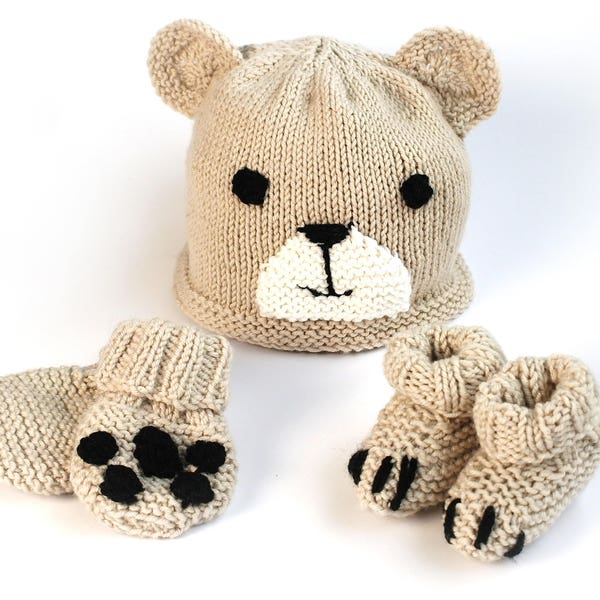 Easy baby hat, booties & mittens knitting pattern / Beginner knitting pattern / Baby bear hat / Baby shower gift/ Baby knitting patterns