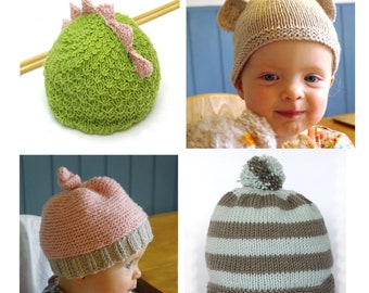 Four baby hat knitting patterns / Beginner knitting patterns / Baby hat PDF downloads / Bear dinosaur dragon bobble hats / Easy knitting