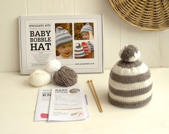 Baby Hat Knitting Kit in Soft Merino / Baby bobble hat / Easy baby hat / Baby shower gift /  Baby beanie / Christmas baby knitting