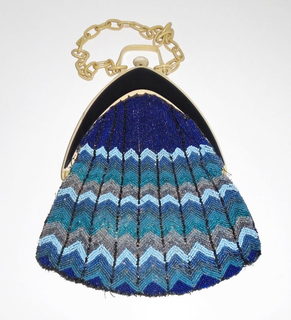 30s Evening Bag Blue Chevron Beaded Bag w Cellulo… - image 2