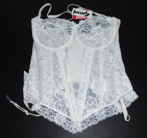 Vintage Corset 80s White Lace Corset with Garters… - image 9