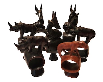 Wooden Napkin Rings Safari Animals Gazelles and Rhinos 6pc