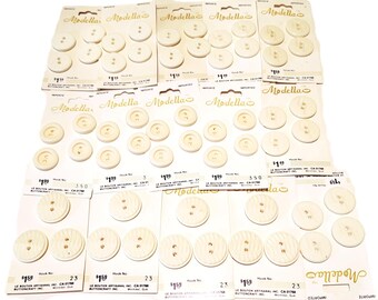 Vintage White Buttons on Cards 2 Hole Flat Rounds 56pc