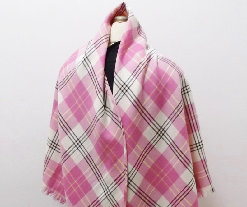 Vintage Shawl 70s Pink Plaid Wool Wrap image 0
