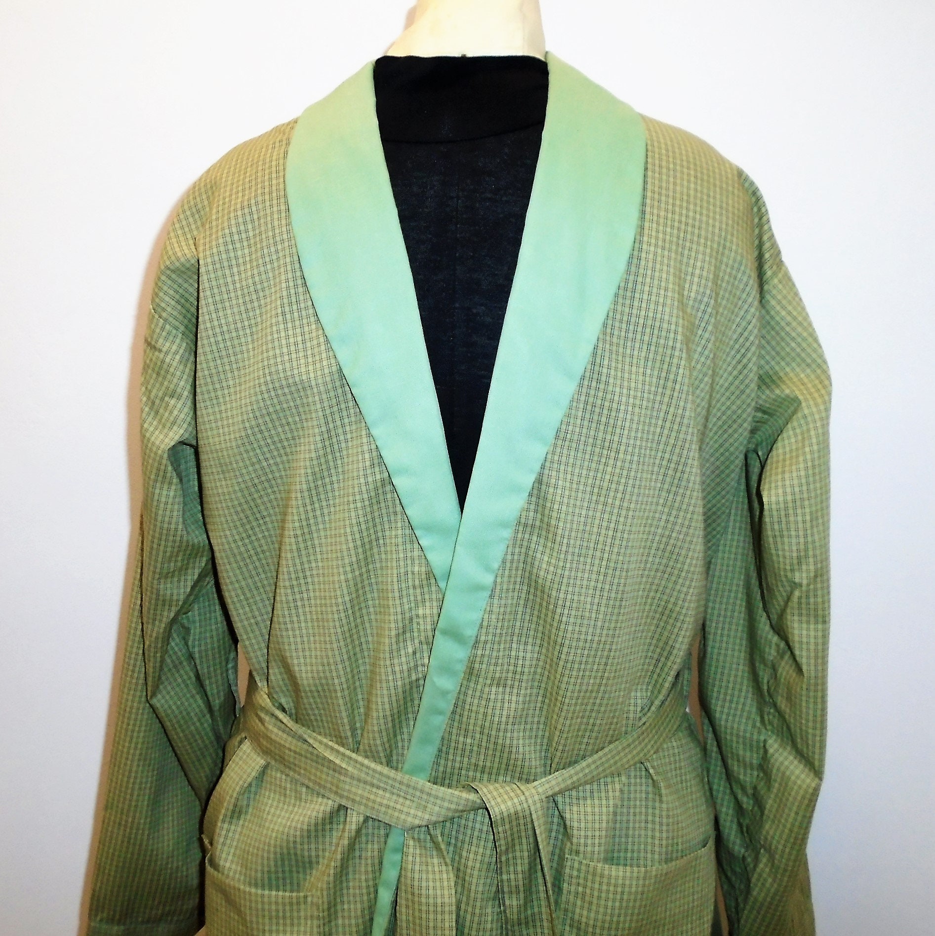 Vintage Mens Robe 70s Checkered Green Lounging Robe M Etsy