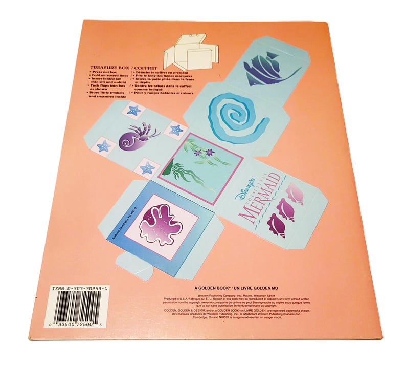 May include: A folded paper treasure box with a mermaid theme. The box is light blue with illustrations of seashells, starfish, and swirls. The text "Disney's The Little Mermaid" is visible.