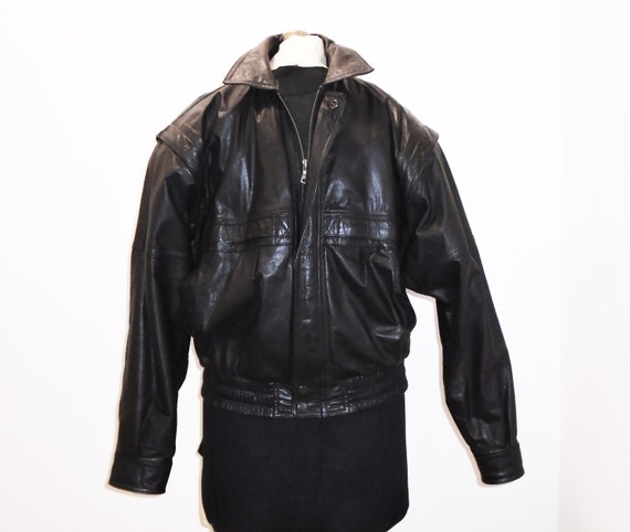 80s Black Leather Jacket 40s Style Pilot Bomber Ja