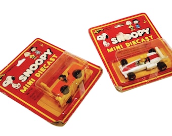 70s Snoopy Mini Die Cast Woodstock Racecar and Lucy Forklift 2pc