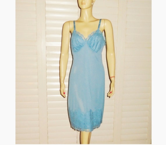 60s Blue Dress Slip French Maid Vintage Lace Slip… - image 1