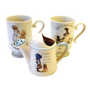 1974 Holly Hobbie Mugs and Porcelain Watering Can 3pc