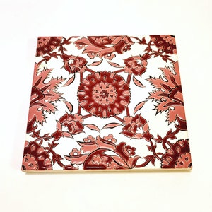 Vintage Ceramic Tiles Pink White and Dark Red Floral 5pc 6&quot;