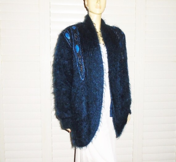 80s Mohair Cardigan L Vintage Beaded Blue Sweater