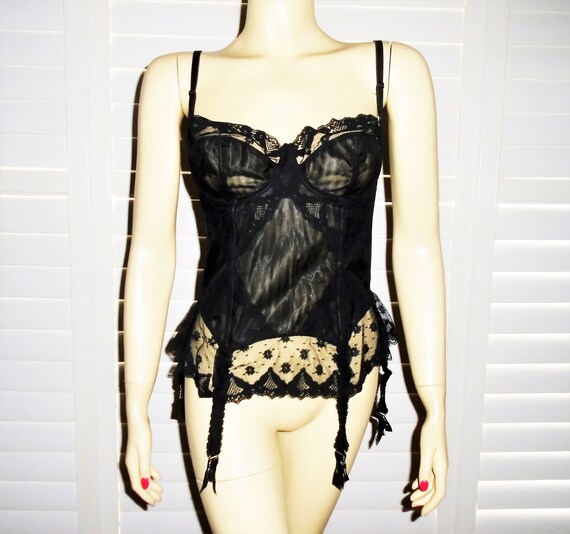 Vintage Corset 80s Black Satin Corset with Garters