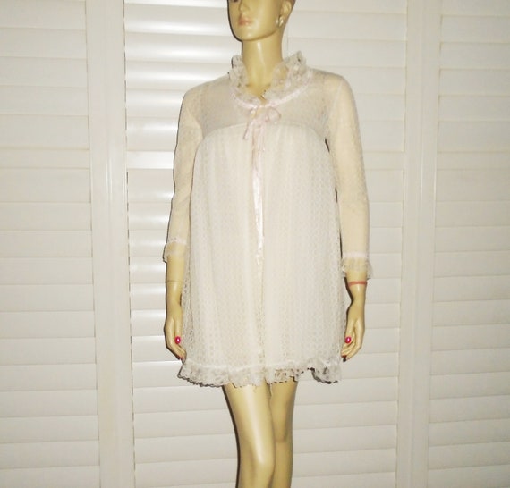 60s Babydoll Peignoir White Lace Robe w Nightie S… - image 1