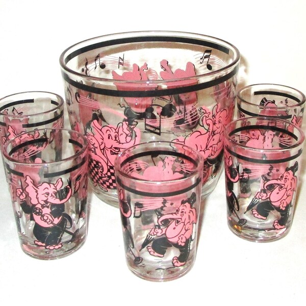 Hazel Atlas Pink Elephants Ice Bucket and Glasses 6PC MCM Barware