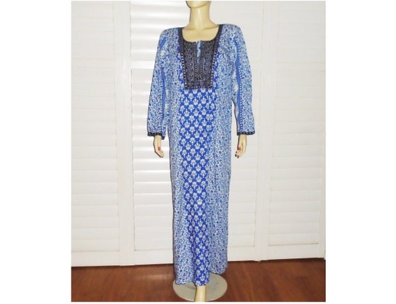 Vintage Indian Dress Blue Cotton Maxi Dress Lounge
