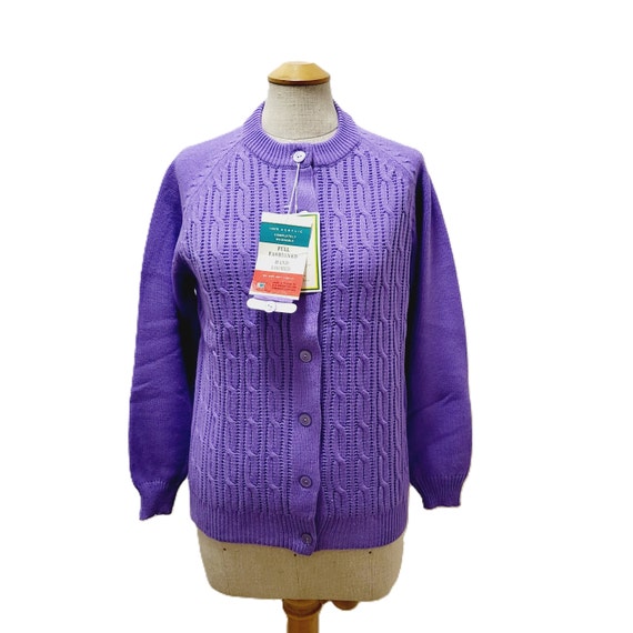70s Mauve Sweater Cable Knit Wool Cardigan Medium… - image 1