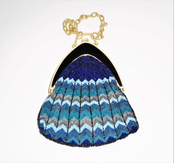 30s Evening Bag Blue Chevron Beaded Bag w Cellulo… - image 1