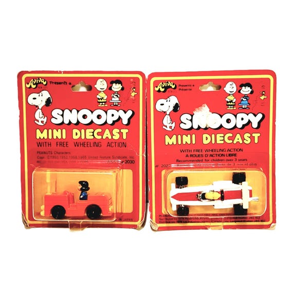 70s Snoopy Mini Die Cast Woodstock Racecar and Lucy Forklift 2pc