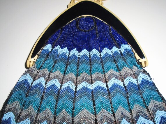 30s Evening Bag Blue Chevron Beaded Bag w Cellulo… - image 4