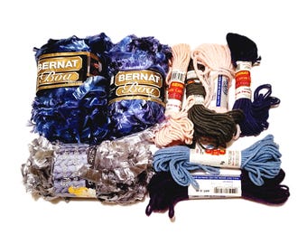 Bernat Boa Eyelash Yarn Lot Blue and Silver Cotton Skeins 9pc