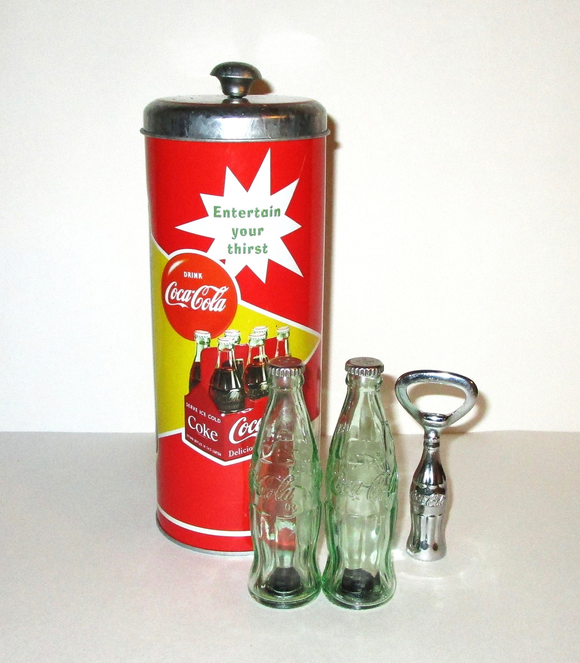 Coca Cola 5 cents Small Straw Glass Dispenser & Metal Top 6 No Straws