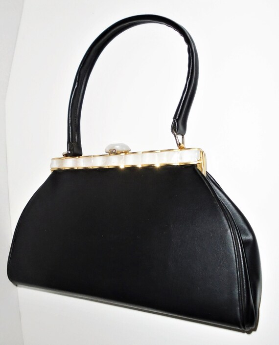 Vintage Black Leather Bag 50s Albro Purse w Lucite