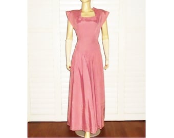40s Evening Gown Pink and Blue Taffeta Dress w Hat Gloves S