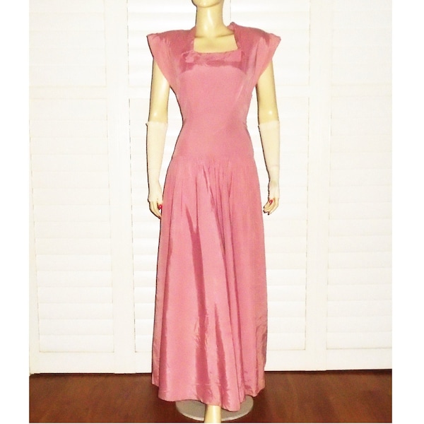 40s Evening Gown Pink and Blue Taffeta Dress w Hat Gloves S