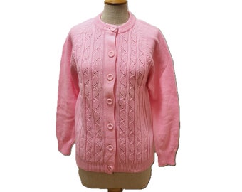 70s Pink Sweater Cable Knit Wool Cardigan Small NWOT