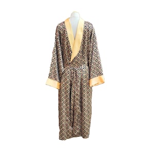 Mens Satin Robe Long Length Vintage Black and Gold Atomic Print XL
