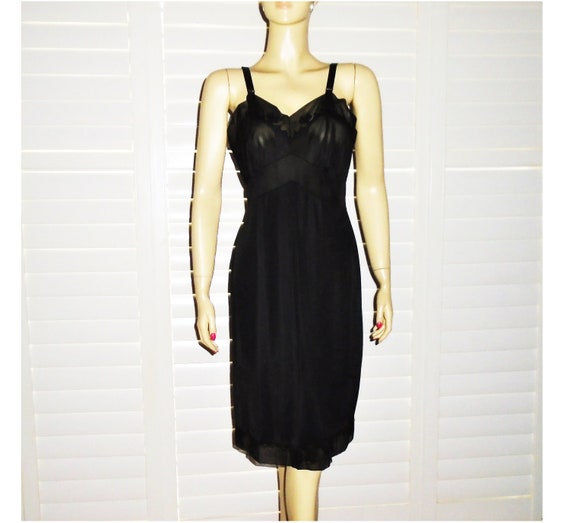 60s Black Dress Slip 38 Vintage Satin Slip M