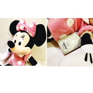 May include: Pink plush Minnie Mouse toy with white polka dots. She is wearing a pink bow with white polka dots. The toy has a tag that says "Disney" and "USA 11708".