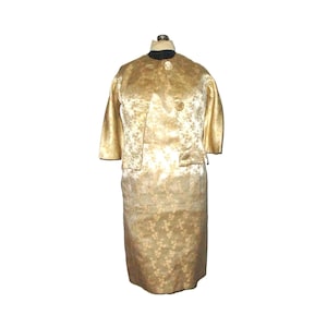 60s Brocade Dress Gold and Cream Sheath with Matching Jacket S