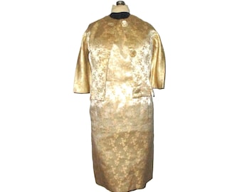 60s Brocade Dress Gold and Cream Sheath with Matching Jacket S