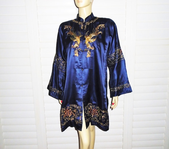Vintage Blue Silk Robe Embroidered Oriental Lounge