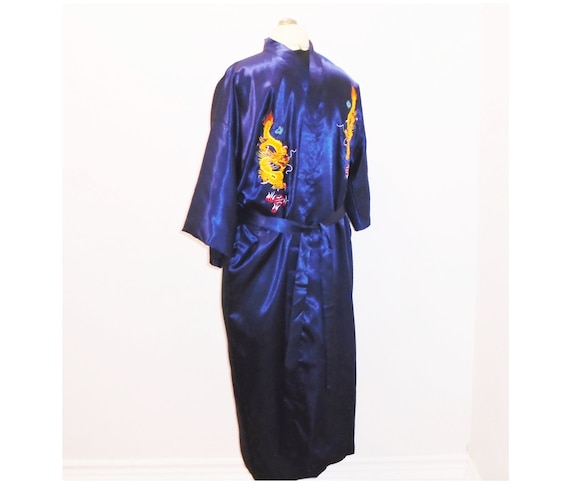 Vintage Robe 70s Blue Satin Oriental Robe w Dragon