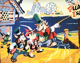 50s Disney Paint by Number Pinocchio at Pleasure Island 19x15 Wood