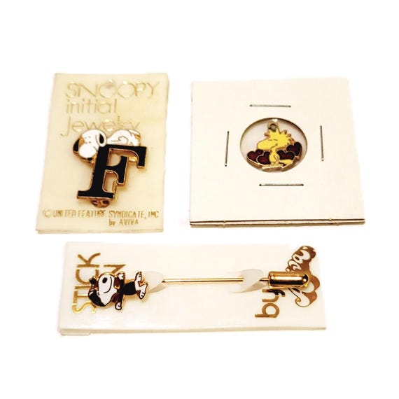 80s Snoopy Jewelry Lot Stickpin Initial F Pin and Woodstock Charm