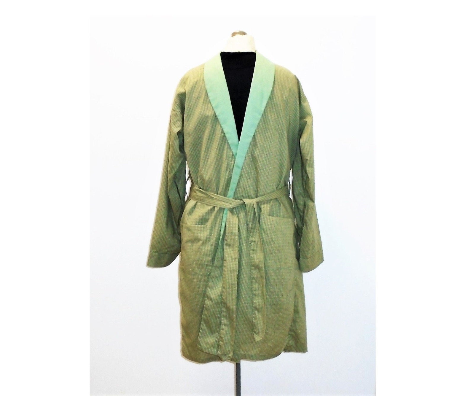 Vintage Mens Robe 70s Checkered Green Lounging Robe M Etsy